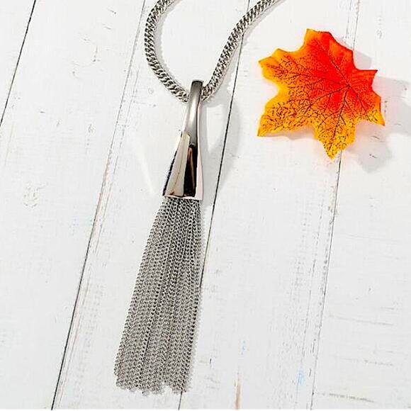 Silver Y Lariat Necklace, Multi-strand, Tassel, Chain Link Statement, Boho - Picture 3 of 3